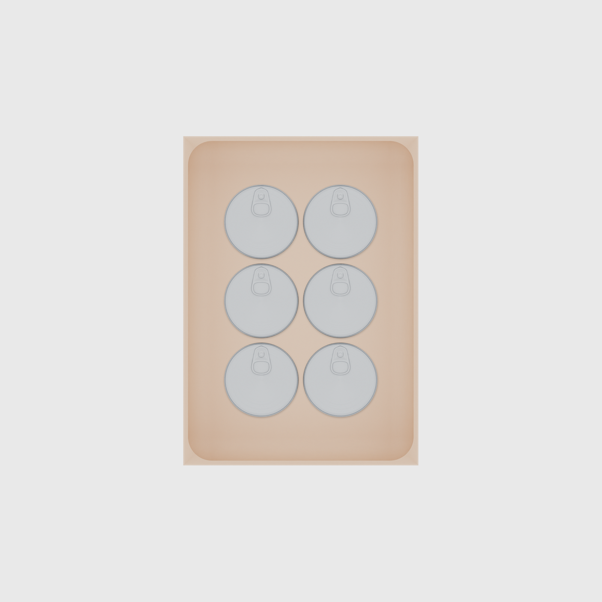Large tray organiser – 7×5 (206.5 × 147.5 mm) in Army Beige, shown with 6 small round tins. Top view.