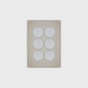 Large tray organiser – 7×5 (206.5 × 147.5 mm) in Muted White, shown with 6 small round tins. Top view.
