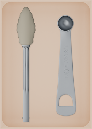 Large tray organiser – 7×5 (206.5 × 147.5 mm) in Army Beige, shown with kitchen tongs and measuring spoons. Top view.