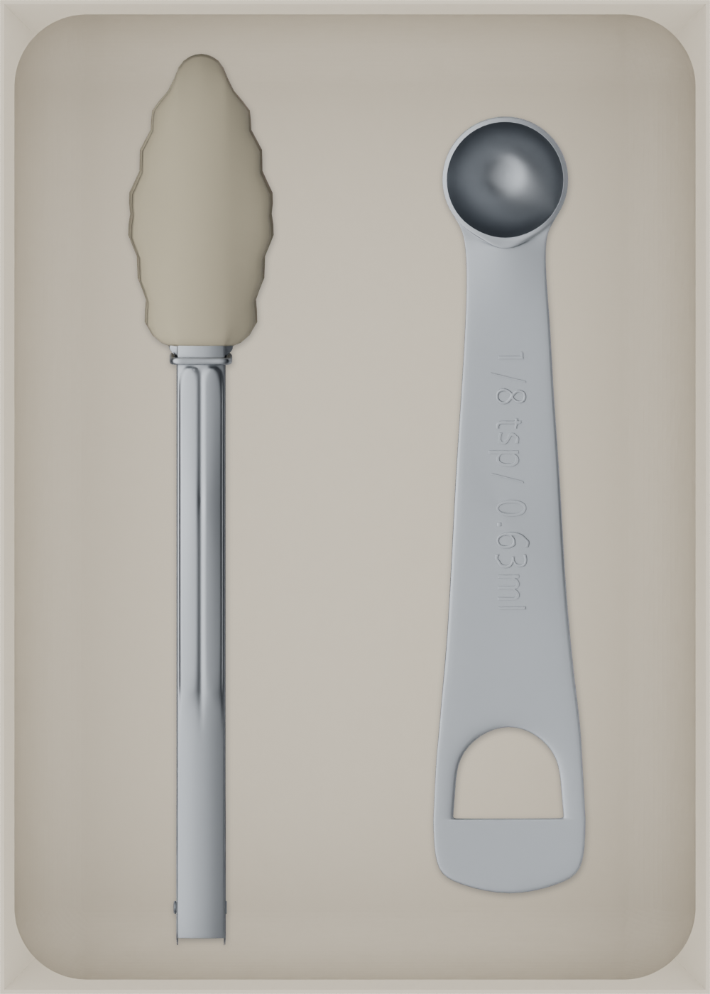 Large tray organiser – 7×5 (206.5 × 147.5 mm) in Muted White, shown with kitchen tongs and measuring spoons. Top view.