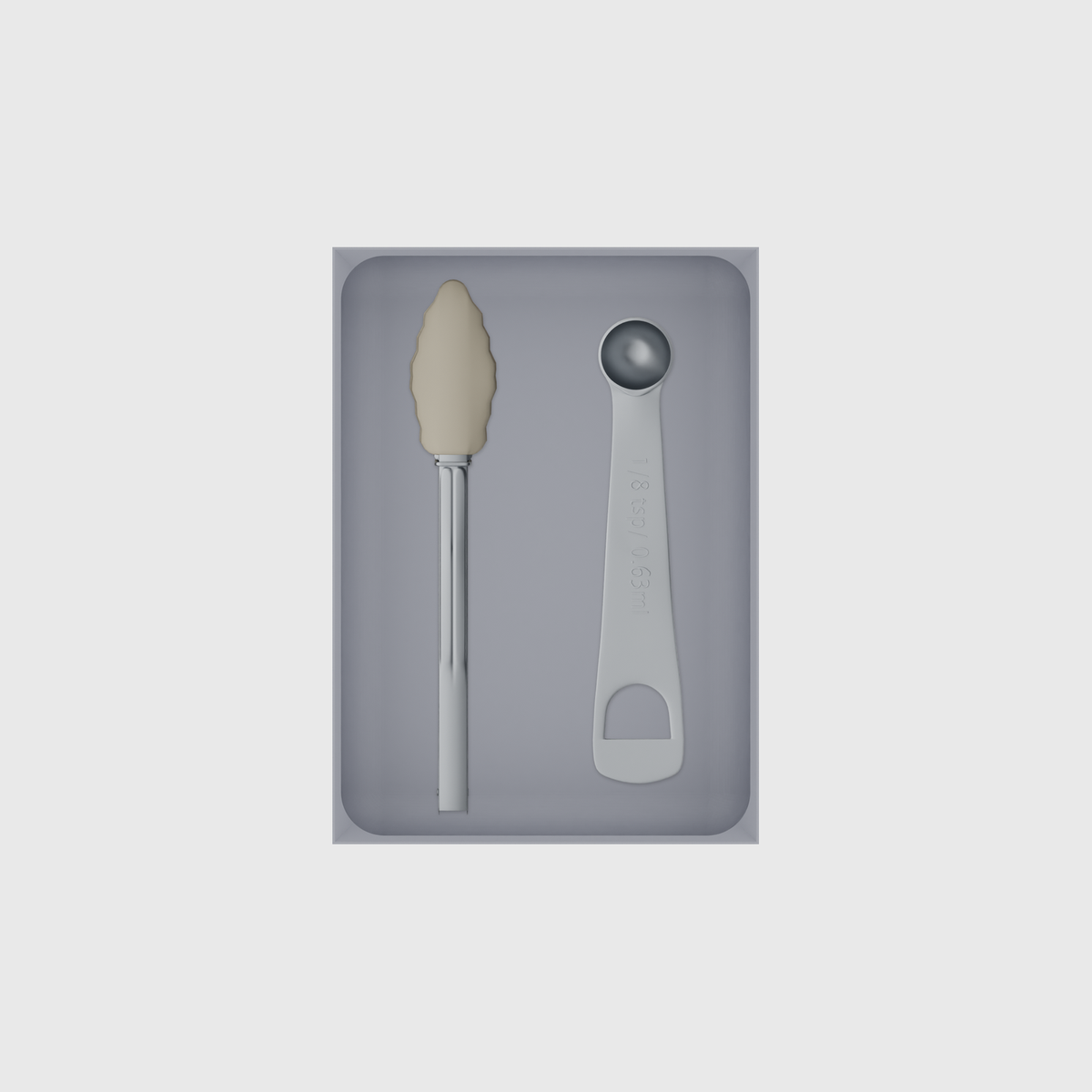 Large tray organiser – 7×5 (206.5 × 147.5 mm) in Fossil Grey, shown with kitchen tongs and measuring spoons. Top view.