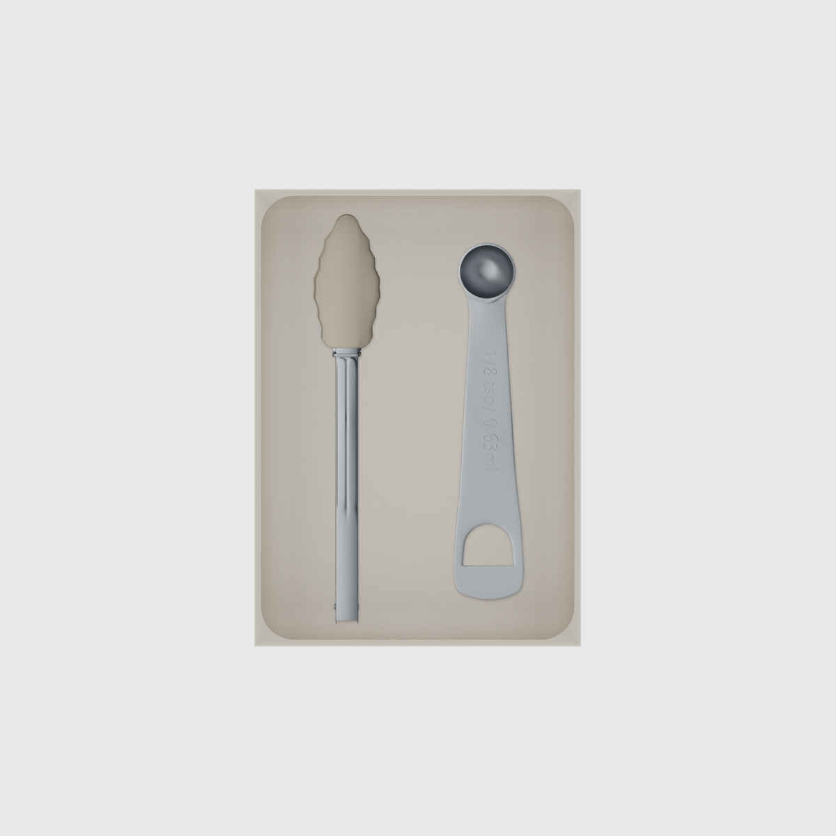 Large tray organiser – 7×5 (206.5 × 147.5 mm) in Muted White, shown with kitchen tongs and measuring spoons. Top view.