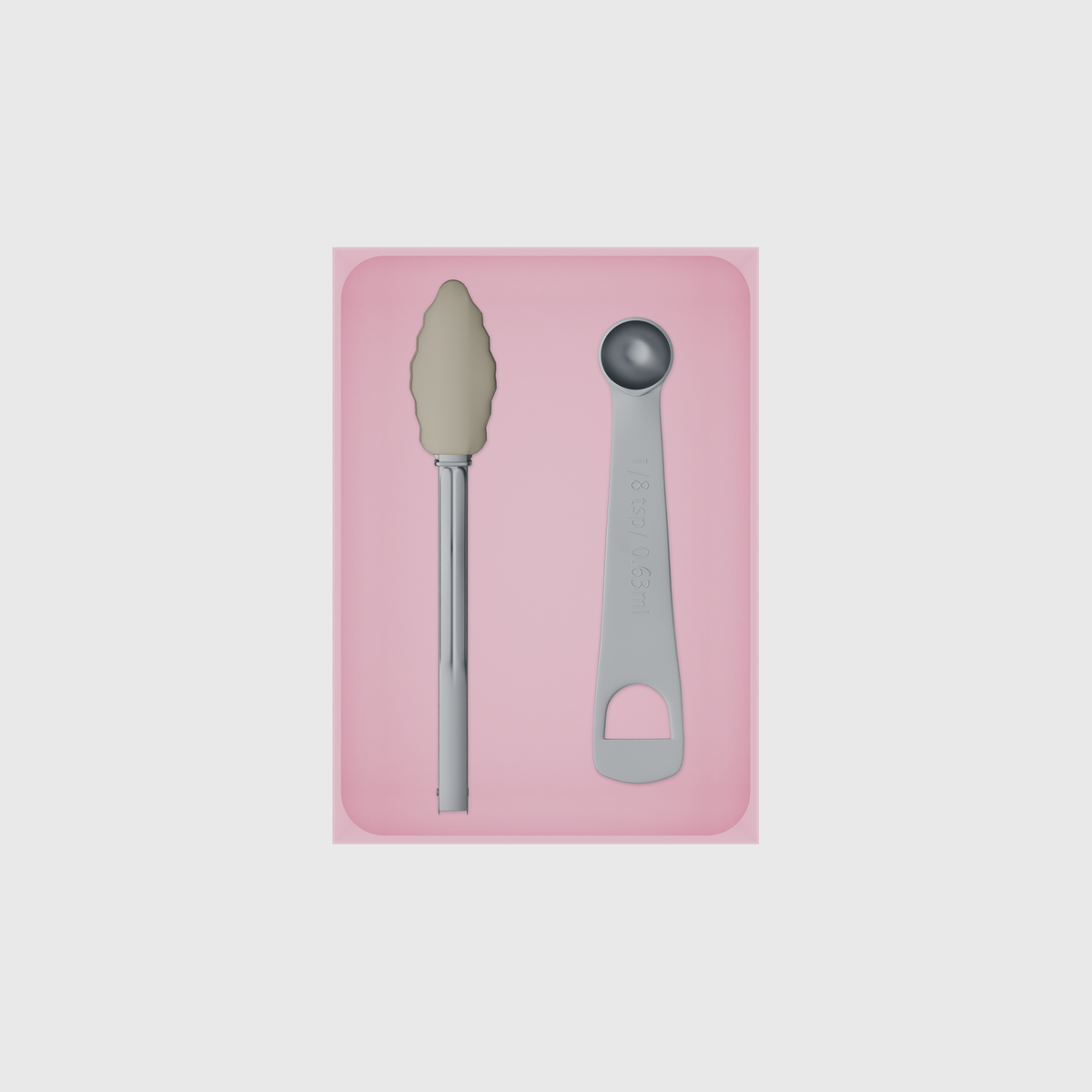 Large tray organiser – 7×5 (206.5 × 147.5 mm) in Sakura Pink, shown with kitchen tongs and measuring spoons. Top view.