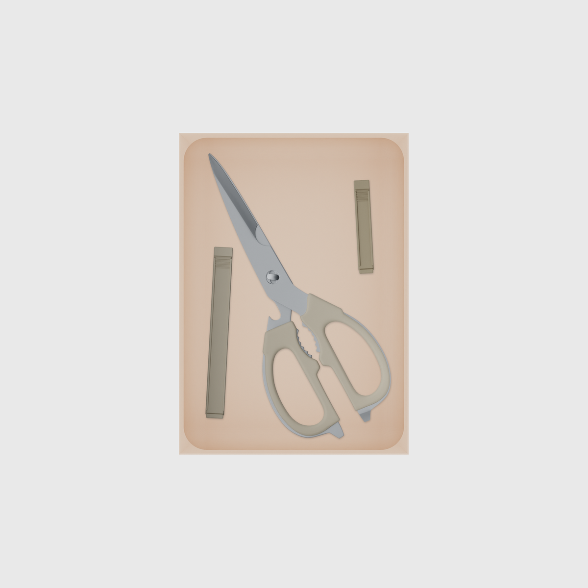 Large tray organiser – 7×5 (206.5 × 147.5 mm) in Army Beige, shown with kitchen scissors and sealing clips. Top view.