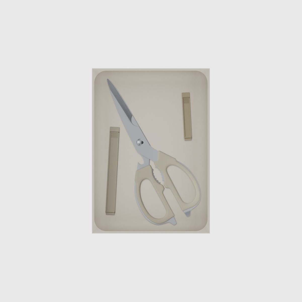 Large tray organiser – 7×5 (206.5 × 147.5 mm) in Muted White, shown with kitchen scissors and sealing clips. Top view.
