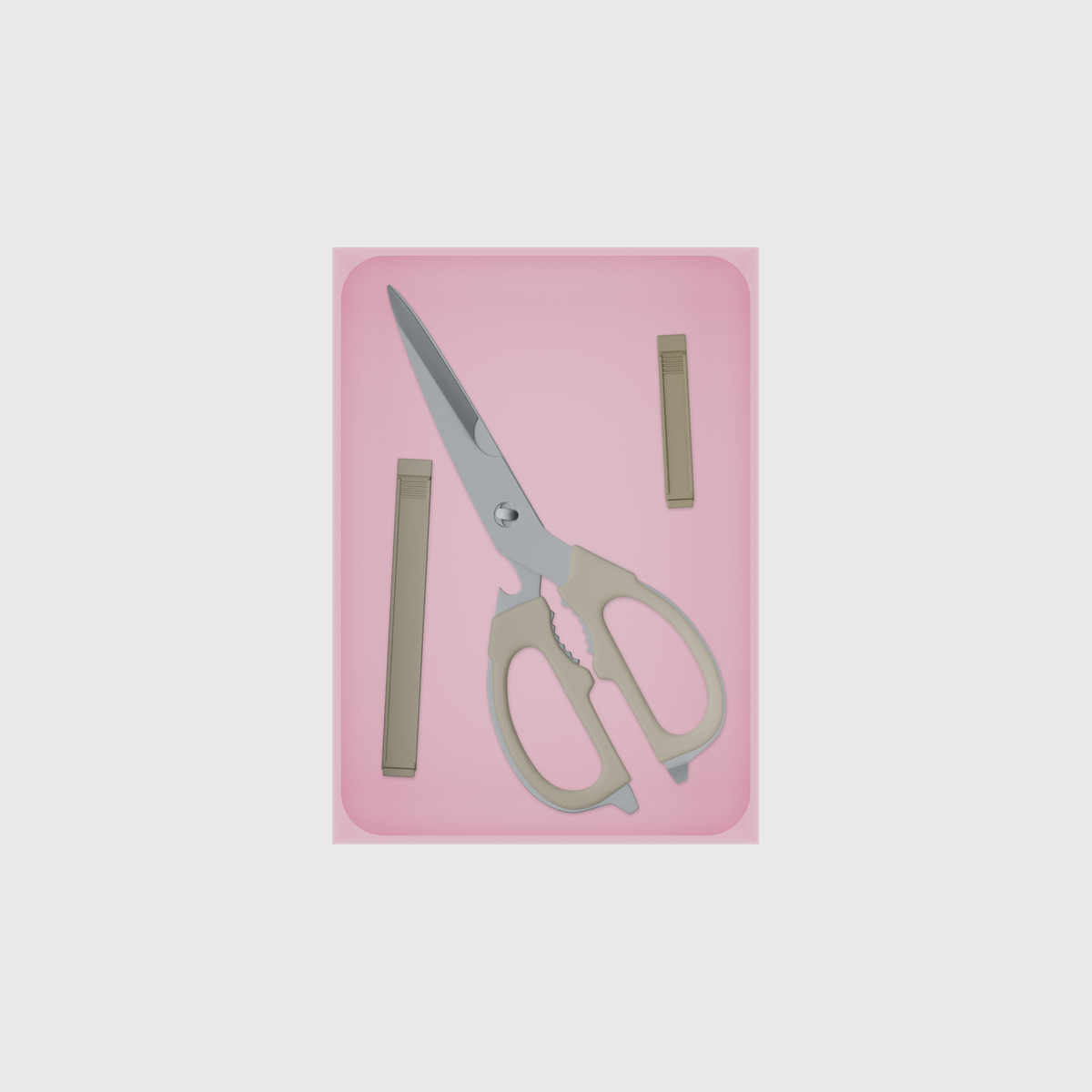 Large tray organiser – 7×5 (206.5 × 147.5 mm) in Sakura Pink, shown with kitchen scissors and sealing clips. Top view.