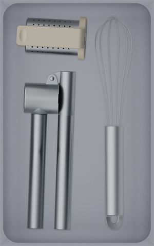 Large tray organiser – 8×5 (236 × 147.5 mm) in Fossil Grey, shown with a garlic press, whisk and other kitchen tools. Top view.