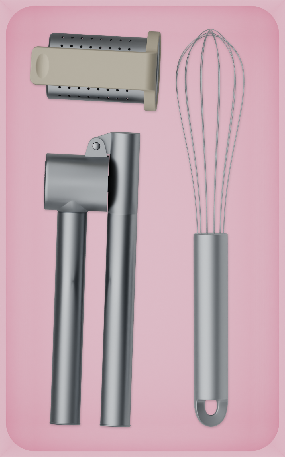 Large tray organiser – 8×5 (236 × 147.5 mm) in Sakura Pink, shown with a garlic press, whisk and other kitchen tools. Top view.