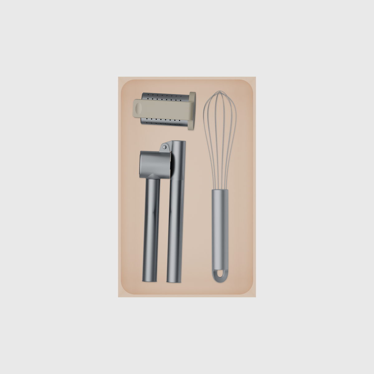 Large tray organiser – 8×5 (236 × 147.5 mm) in Army Beige, shown with a garlic press, whisk and other kitchen tools. Top view.