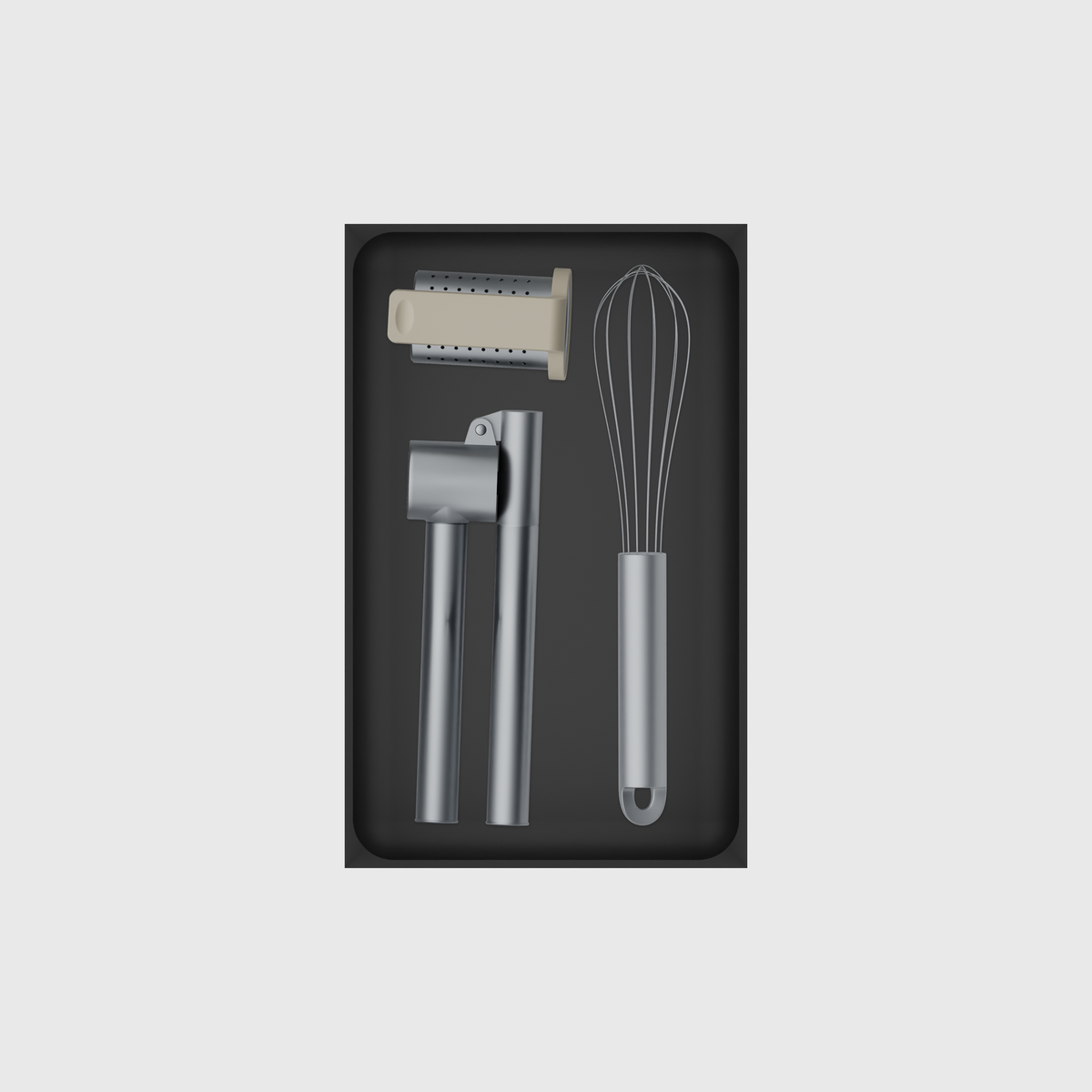 8×5 organiser with garlic press, whisk and tea strainer — CharcoalBlack