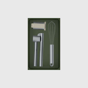 8×5 organiser with garlic press, whisk and tea strainer — OliveGreen