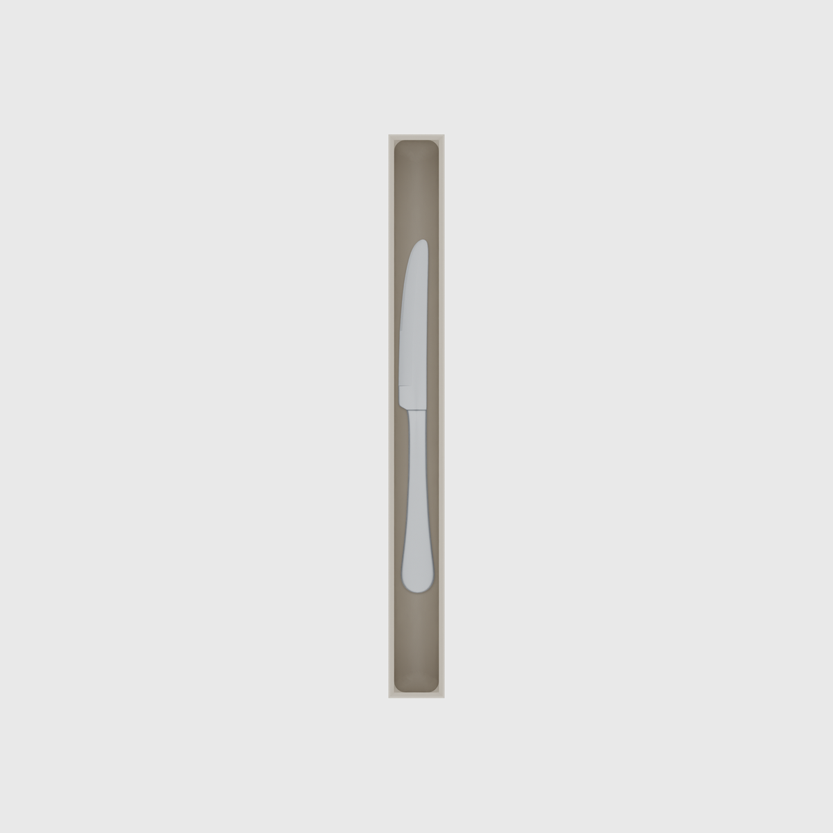 Long strip organiser – 10×1 (295 × 29.5 mm) in Muted White, shown with a dessert knife. Top view.