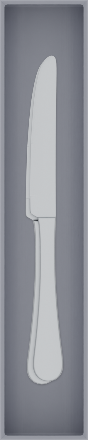 Long tray organiser – 10×2 (295 × 59 mm) in Fossil Grey, shown with 2 dinner knives. Top view.