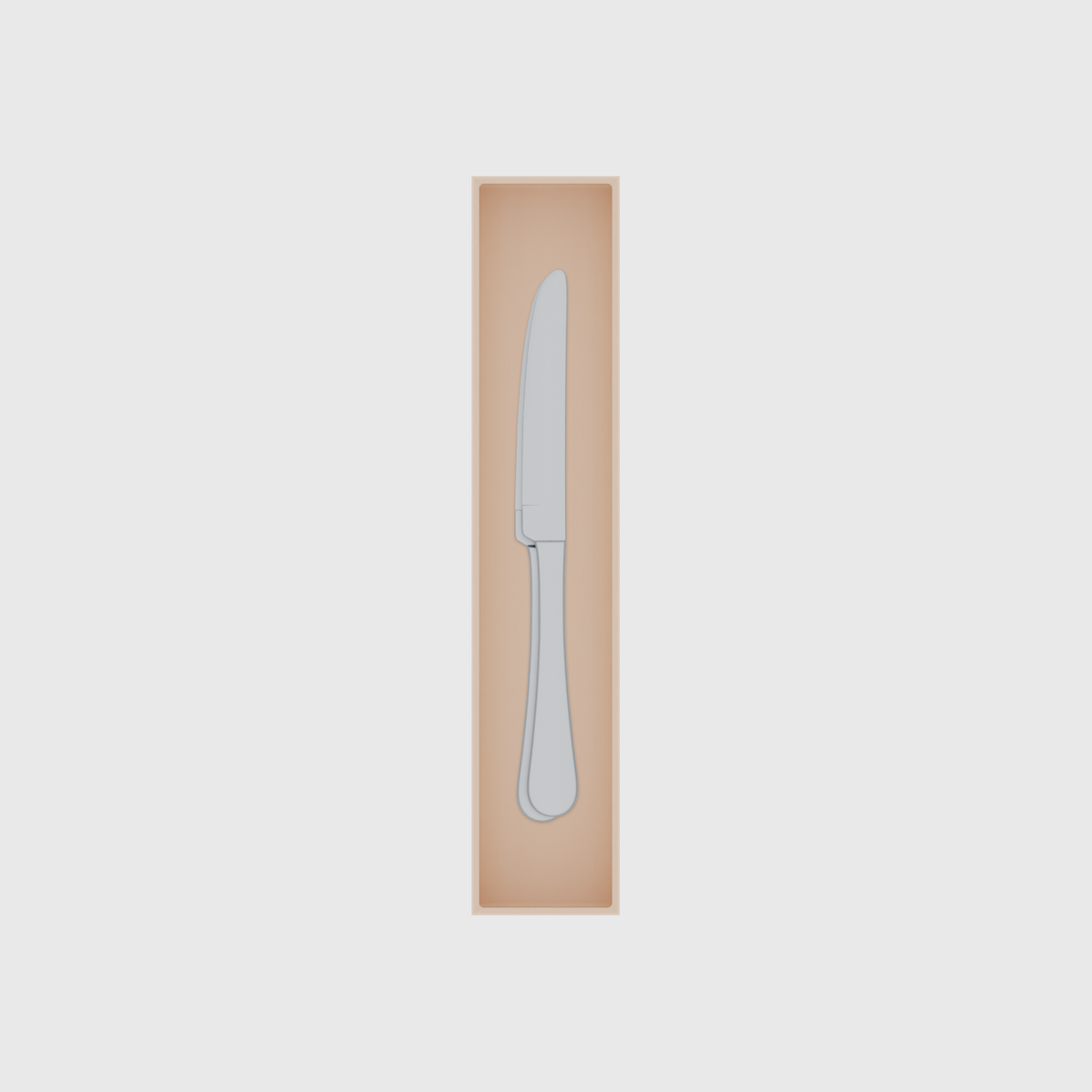 Long tray organiser – 10×2 (295 × 59 mm) in Army Beige, shown with 2 dinner knives. Top view.