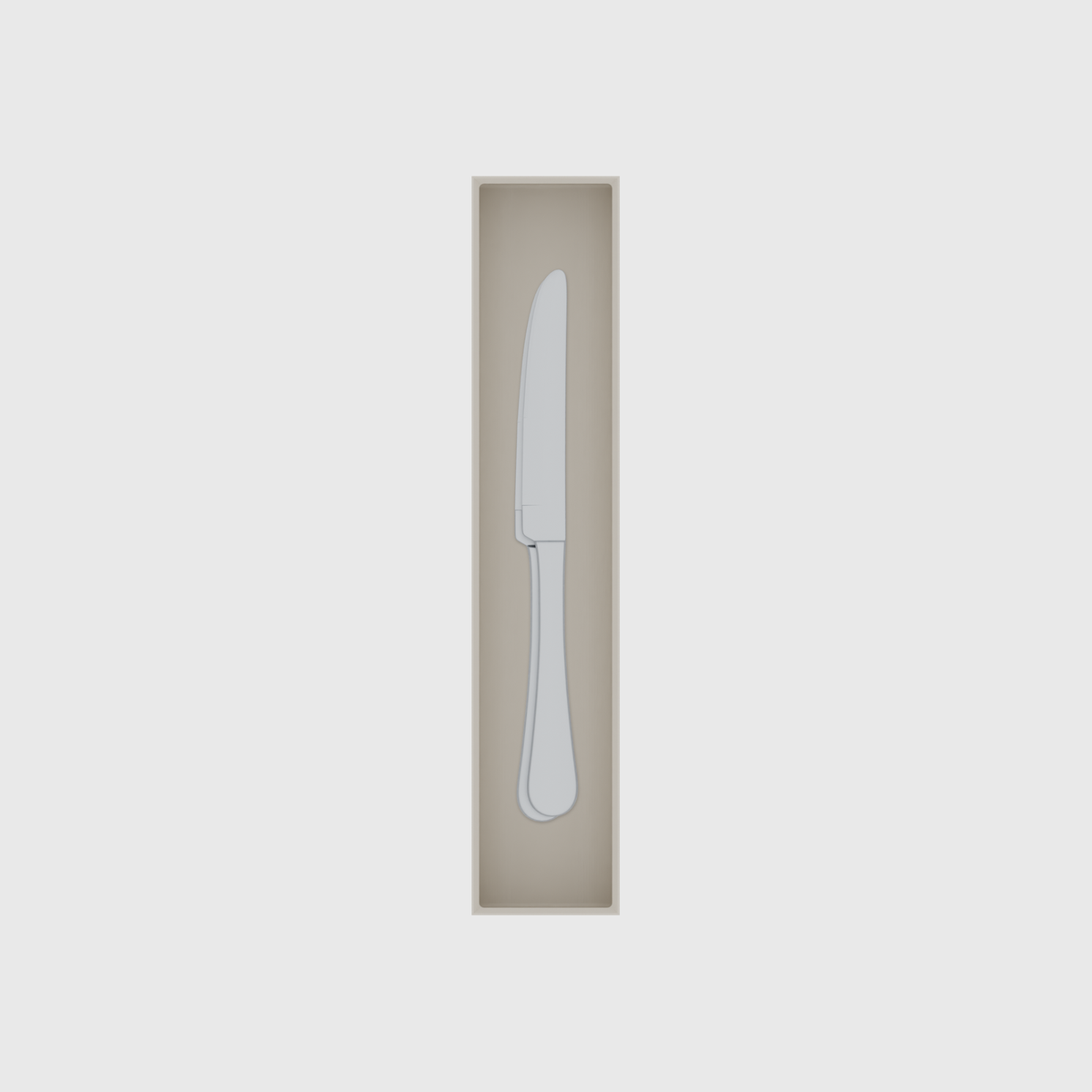 Long tray organiser – 10×2 (295 × 59 mm) in Muted White, shown with 2 dinner knives. Top view.