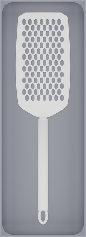 Long tray organiser – 11×4 (324.5 × 118 mm) in Fossil Grey, shown with a handheld grater. Top view.