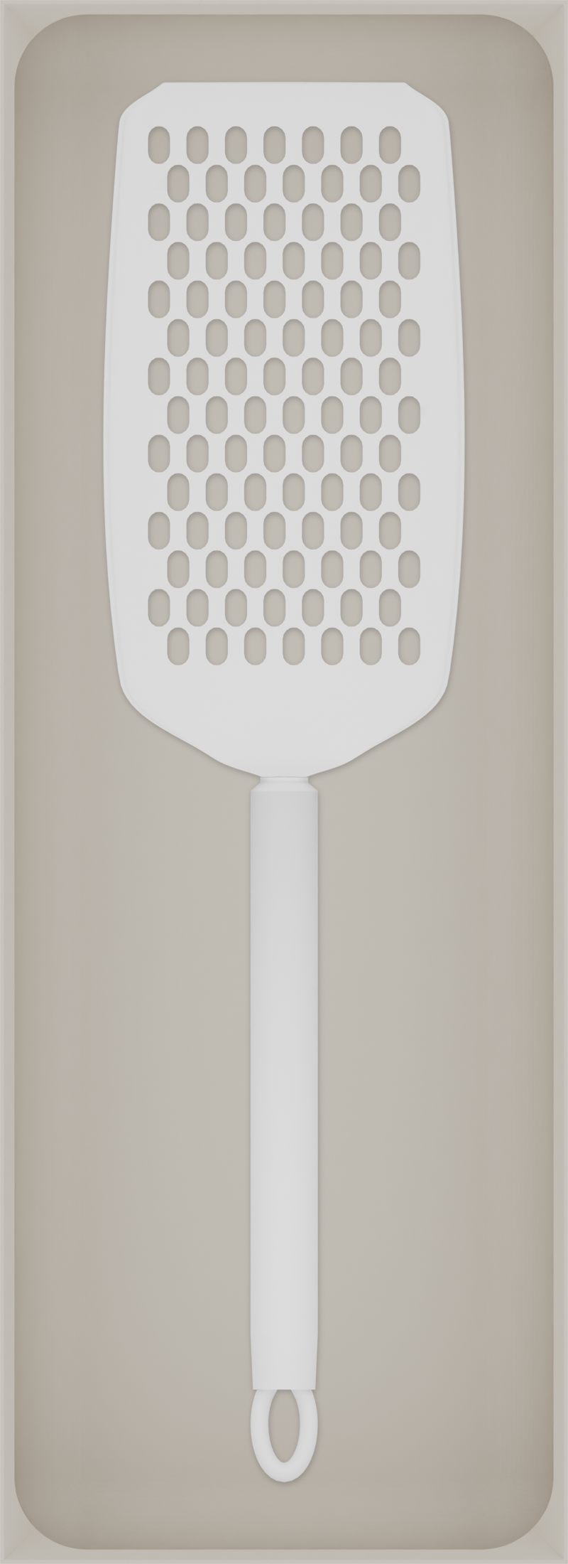 Long tray organiser – 11×4 (324.5 × 118 mm) in Muted White, shown with a handheld grater. Top view.