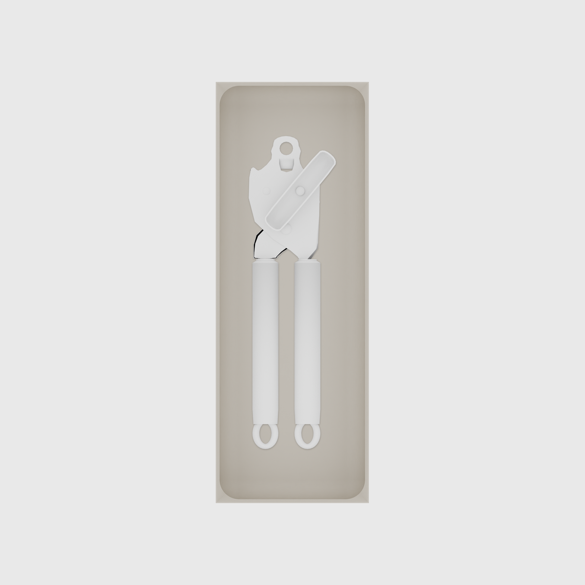Long tray organiser – 11×4 (324.5 × 118 mm) in Muted White, shown with a can opener. Top view.