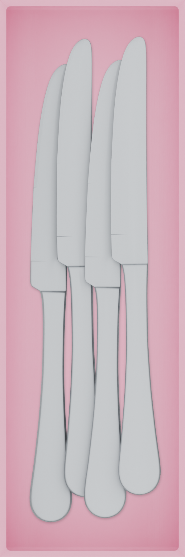Long cutlery organiser – 9×3 (265.5 × 88.5 mm) in Sakura Pink, shown with 4 dinner knives. Top view.