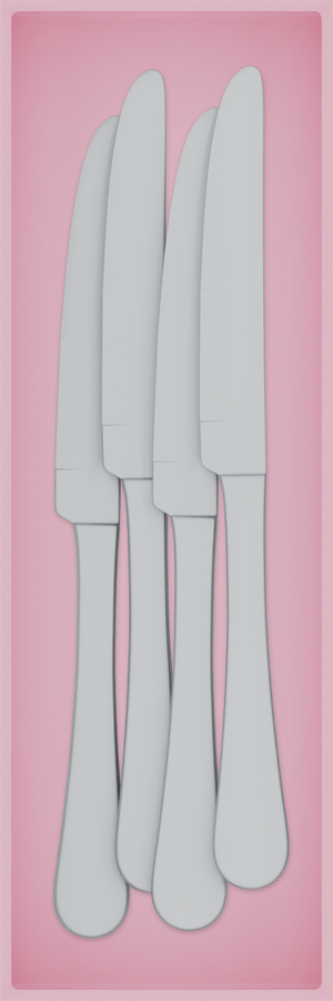 Long cutlery organiser – 9×3 (265.5 × 88.5 mm) in Sakura Pink, shown with 4 dinner knives. Top view.