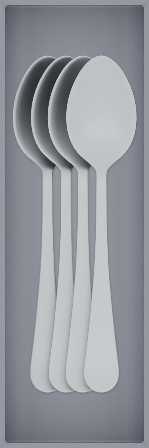 Long cutlery organiser – 9×3 (265.5 × 88.5 mm) in Fossil Grey, shown with 4 soup spoons. Top view.