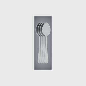 Long cutlery organiser – 9×3 (265.5 × 88.5 mm) in Fossil Grey, shown with 4 soup spoons. Top view.