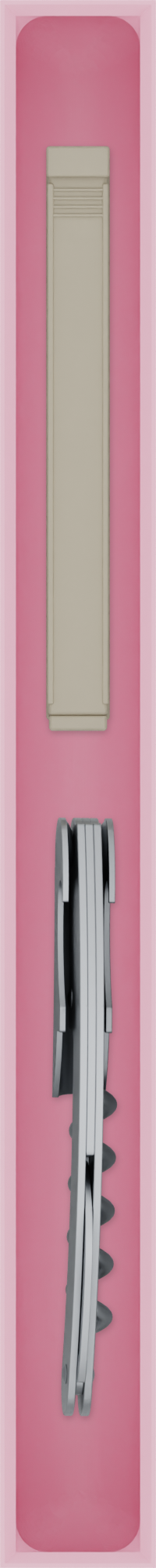 Long strip organiser – 10×1 (295 × 29.5 mm) in Sakura Pink, shown with a corkscrew and sealing clip. Top view.