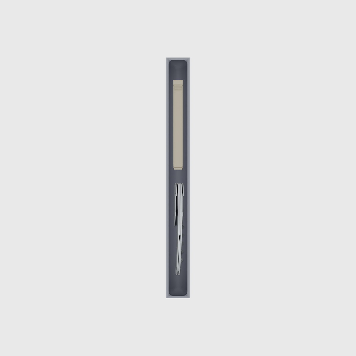 Long strip organiser – 10×1 (295 × 29.5 mm) in Fossil Grey, shown with a corkscrew and sealing clip. Top view.