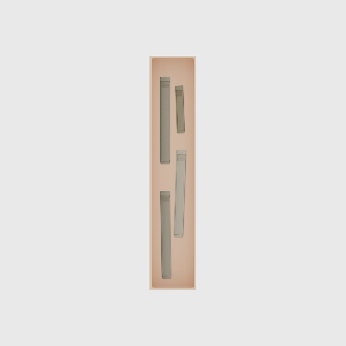 Long tray organiser – 10×2 (295 × 59 mm) in Army Beige, shown with sealing clips. Top view.