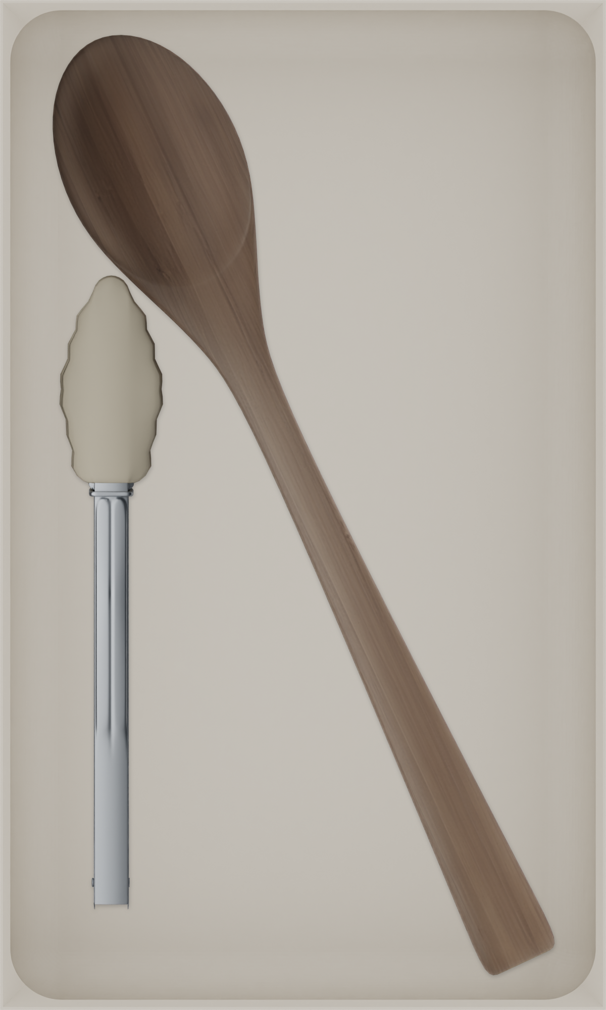 Long tray organiser – 10×6 (295 × 177 mm) in Muted White, shown with wooden and silicone kitchen utensils. Top view.