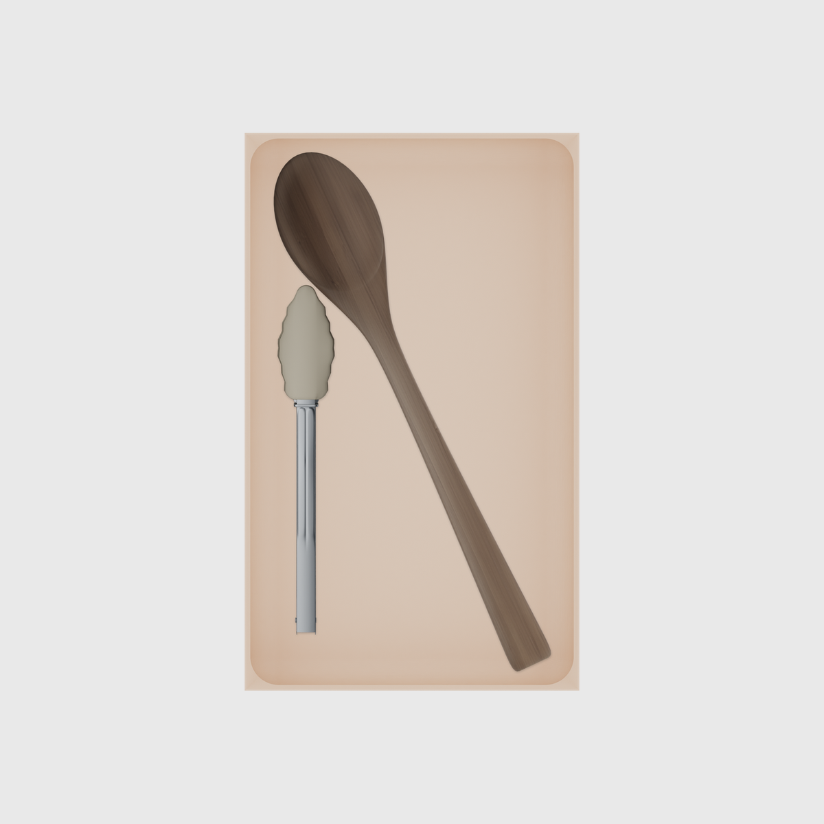 Long tray organiser – 10×6 (295 × 177 mm) in Army Beige, shown with wooden and silicone kitchen utensils. Top view.