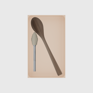 Long tray organiser – 10×6 (295 × 177 mm) in Army Beige, shown with wooden and silicone kitchen utensils. Top view.