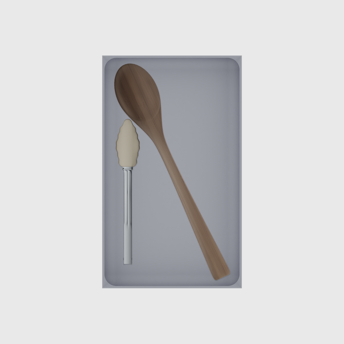 Long tray organiser – 10×6 (295 × 177 mm) in Fossil Grey, shown with wooden and silicone kitchen utensils. Top view.