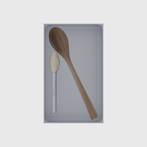 Long tray organiser – 10×6 (295 × 177 mm) in Fossil Grey, shown with wooden and silicone kitchen utensils. Top view.