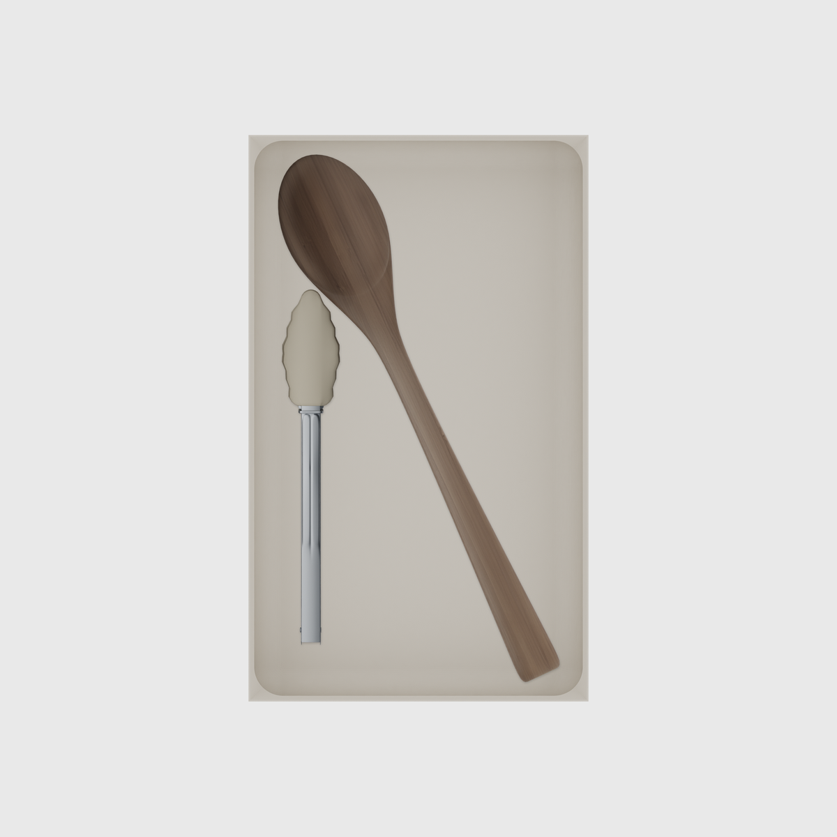 Long tray organiser – 10×6 (295 × 177 mm) in Muted White, shown with wooden and silicone kitchen utensils. Top view.