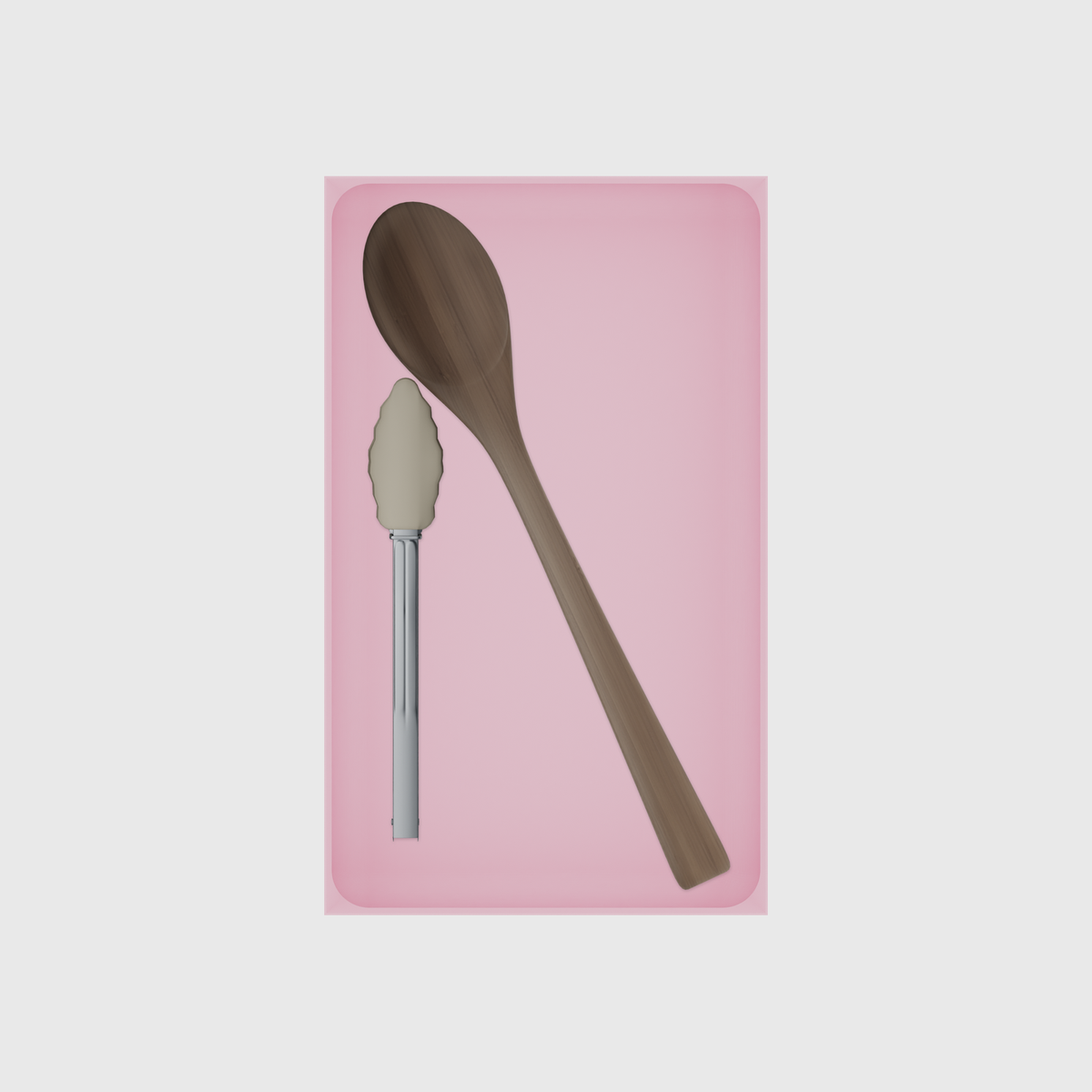 Long tray organiser – 10×6 (295 × 177 mm) in Sakura Pink, shown with wooden and silicone kitchen utensils. Top view.