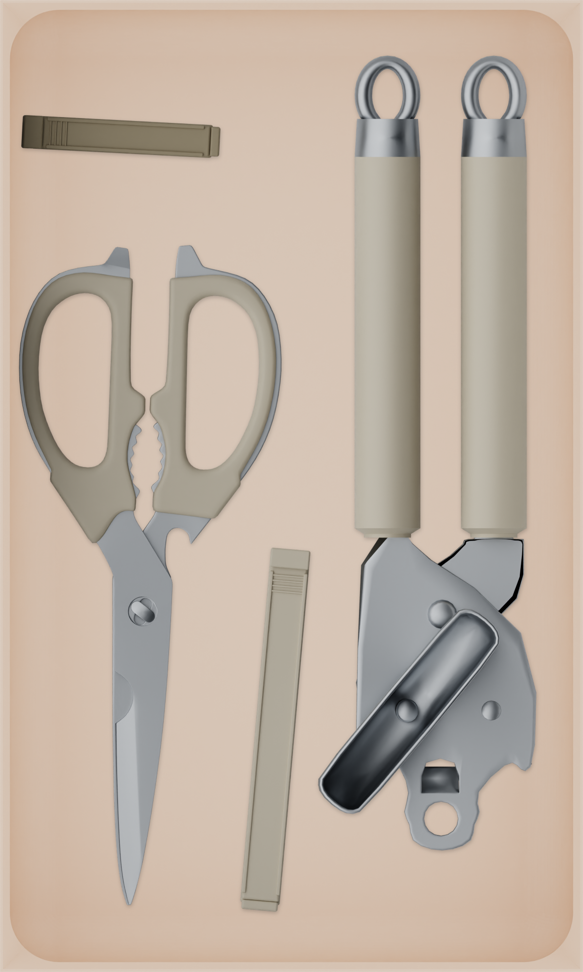 Long tray organiser – 10×6 (295 × 177 mm) in Army Beige, shown with kitchen preparation tools. Top view.