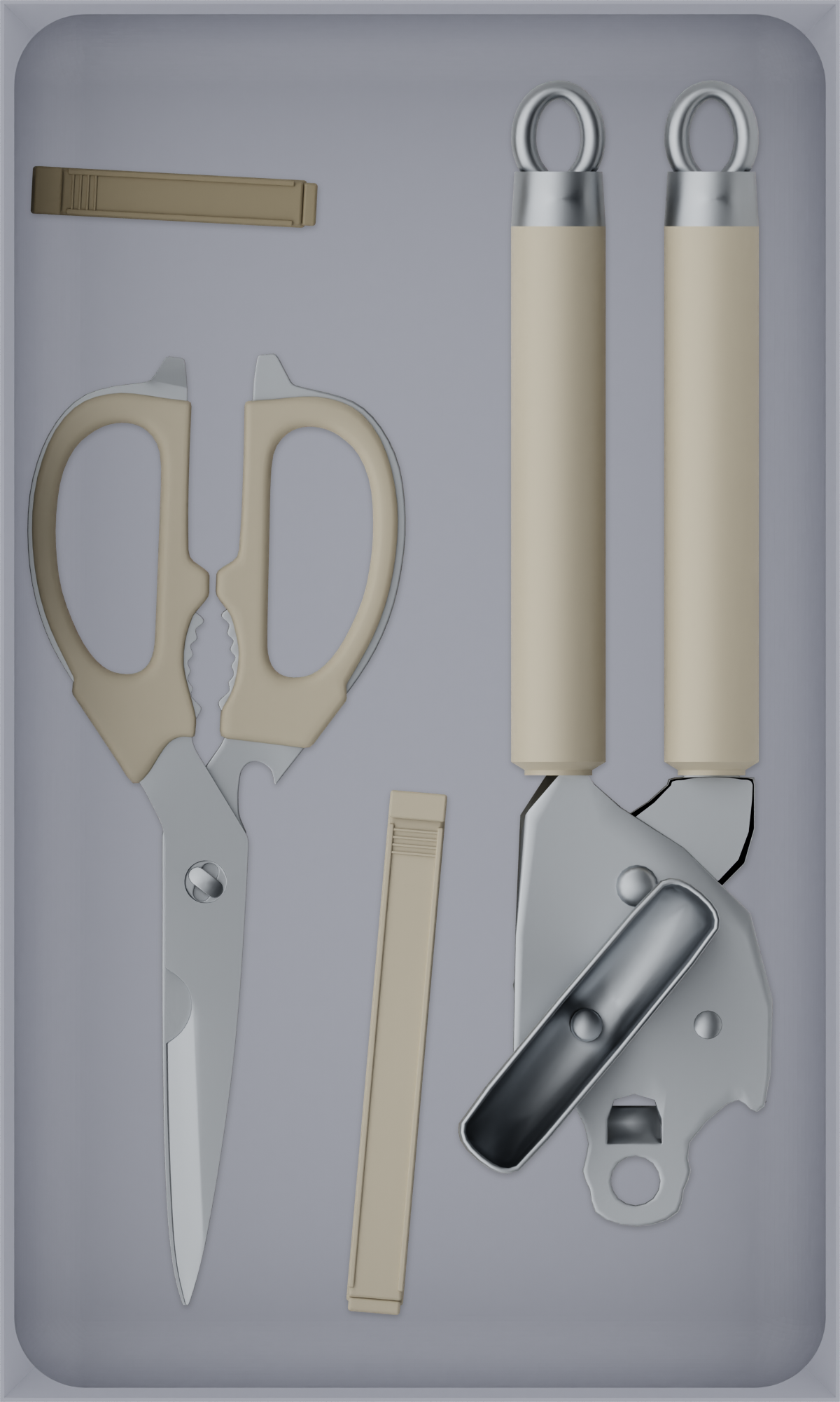Long tray organiser – 10×6 (295 × 177 mm) in Fossil Grey, shown with kitchen preparation tools. Top view.