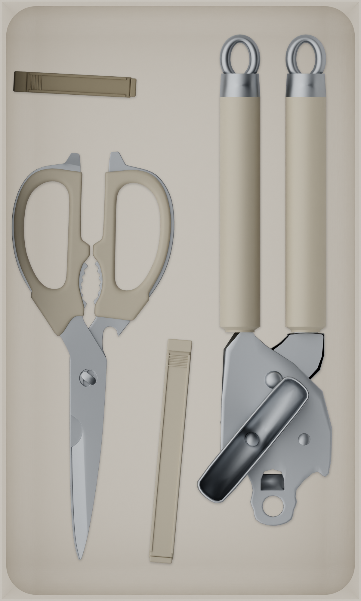 Long tray organiser – 10×6 (295 × 177 mm) in Muted White, shown with kitchen preparation tools. Top view.