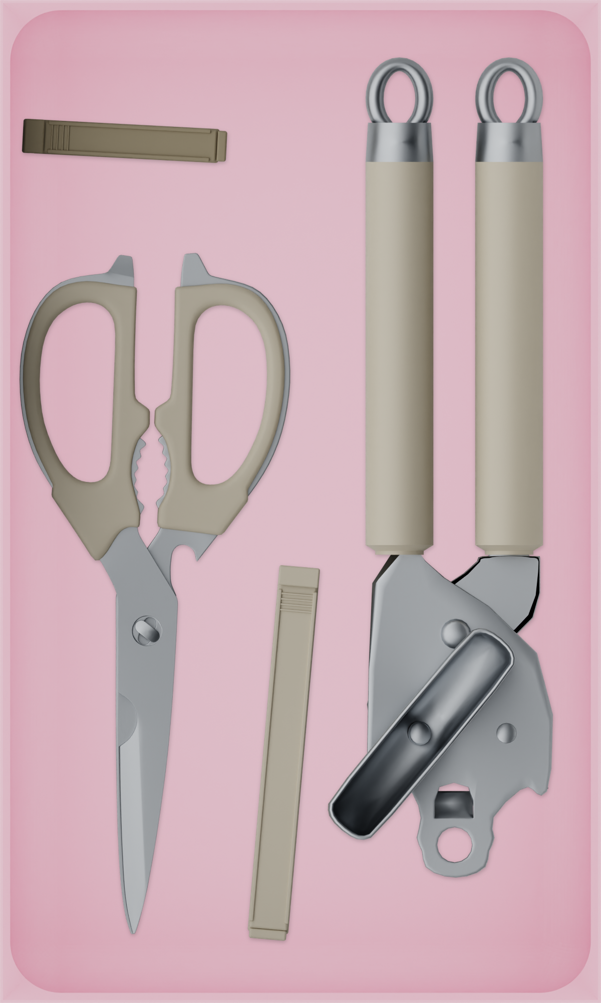 Long tray organiser – 10×6 (295 × 177 mm) in Sakura Pink, shown with kitchen preparation tools. Top view.