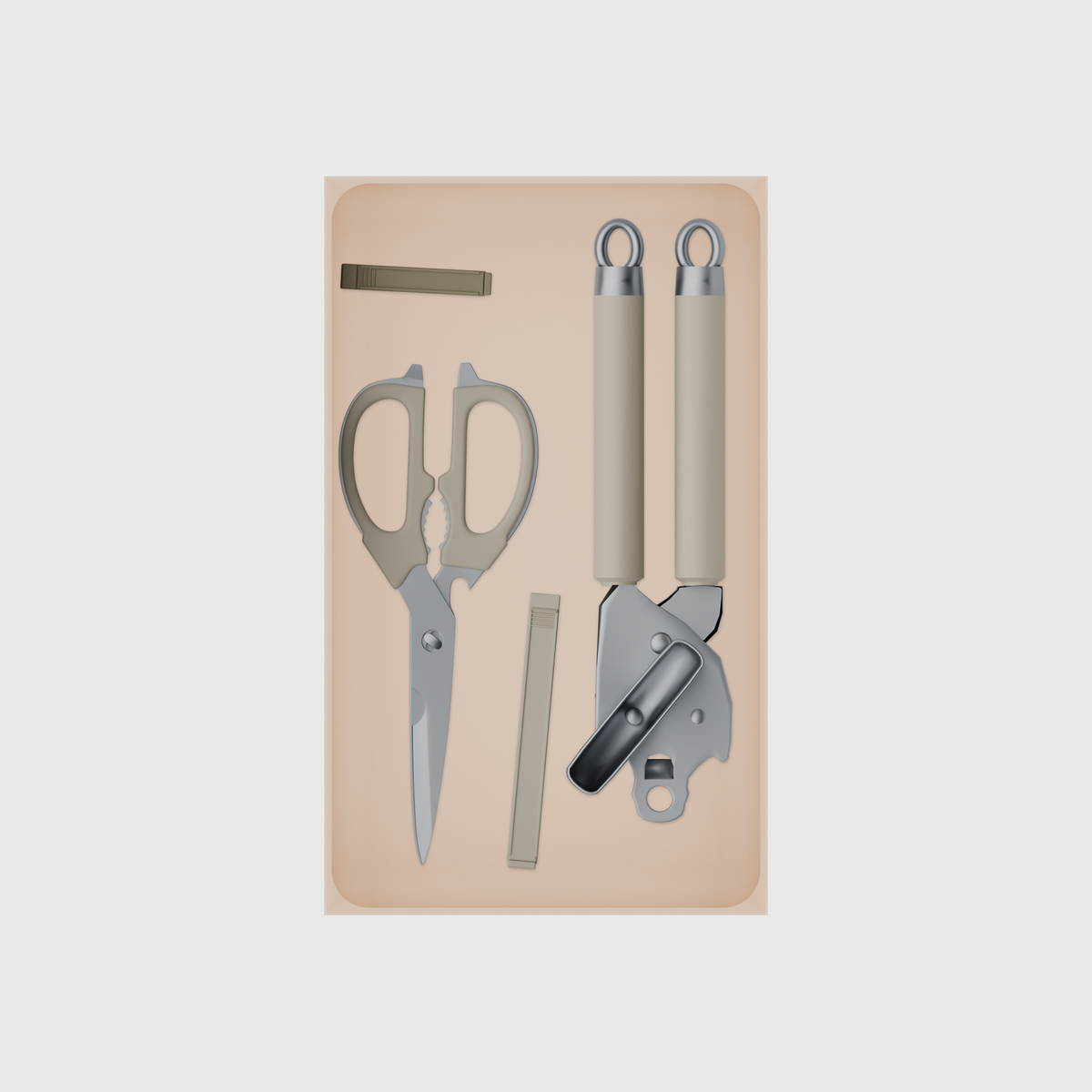 Long tray organiser – 10×6 (295 × 177 mm) in Army Beige, shown with kitchen preparation tools. Top view.