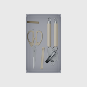 Long tray organiser – 10×6 (295 × 177 mm) in Fossil Grey, shown with kitchen preparation tools. Top view.