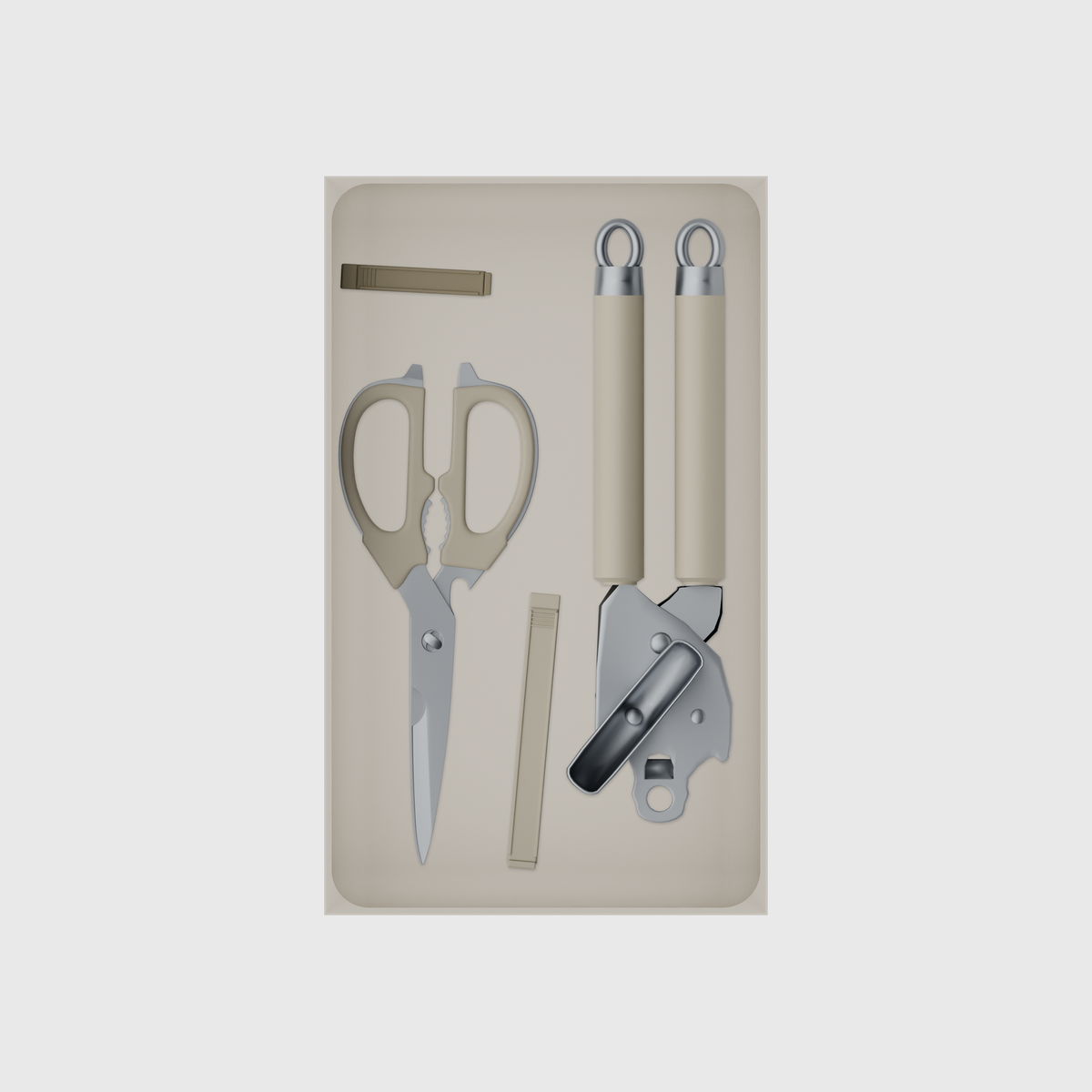 Long tray organiser – 10×6 (295 × 177 mm) in Muted White, shown with kitchen preparation tools. Top view.