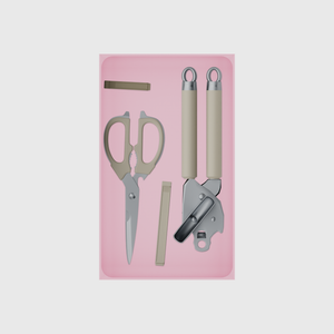 Long tray organiser – 10×6 (295 × 177 mm) in Sakura Pink, shown with kitchen preparation tools. Top view.