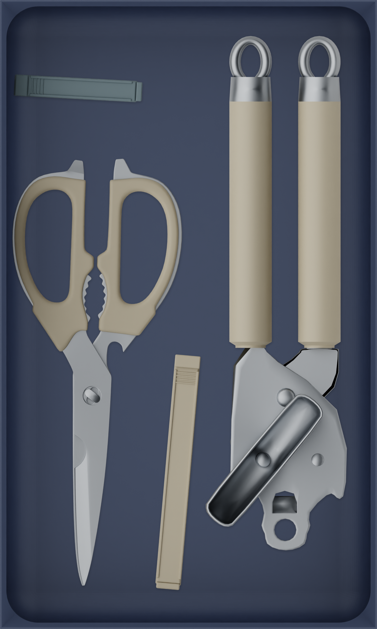 10×6 organiser with kitchen scissors, can opener and clips — ArmyBlue