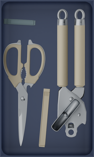 10×6 organiser with kitchen scissors, can opener and clips — ArmyBlue