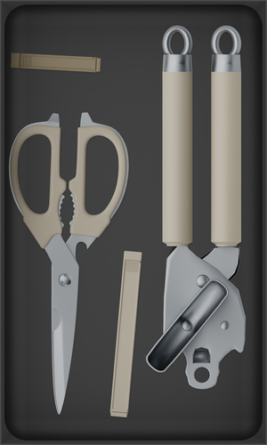 10×6 organiser with kitchen scissors, can opener and clips — CharcoalBlack