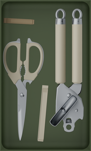 10×6 organiser with kitchen scissors, can opener and clips — OliveGreen