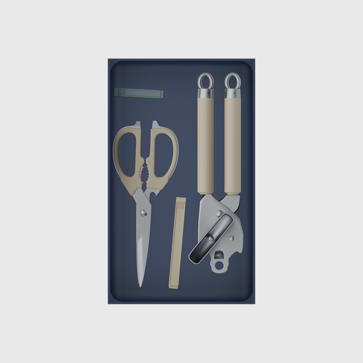 10×6 organiser with kitchen scissors, can opener and clips — ArmyBlue