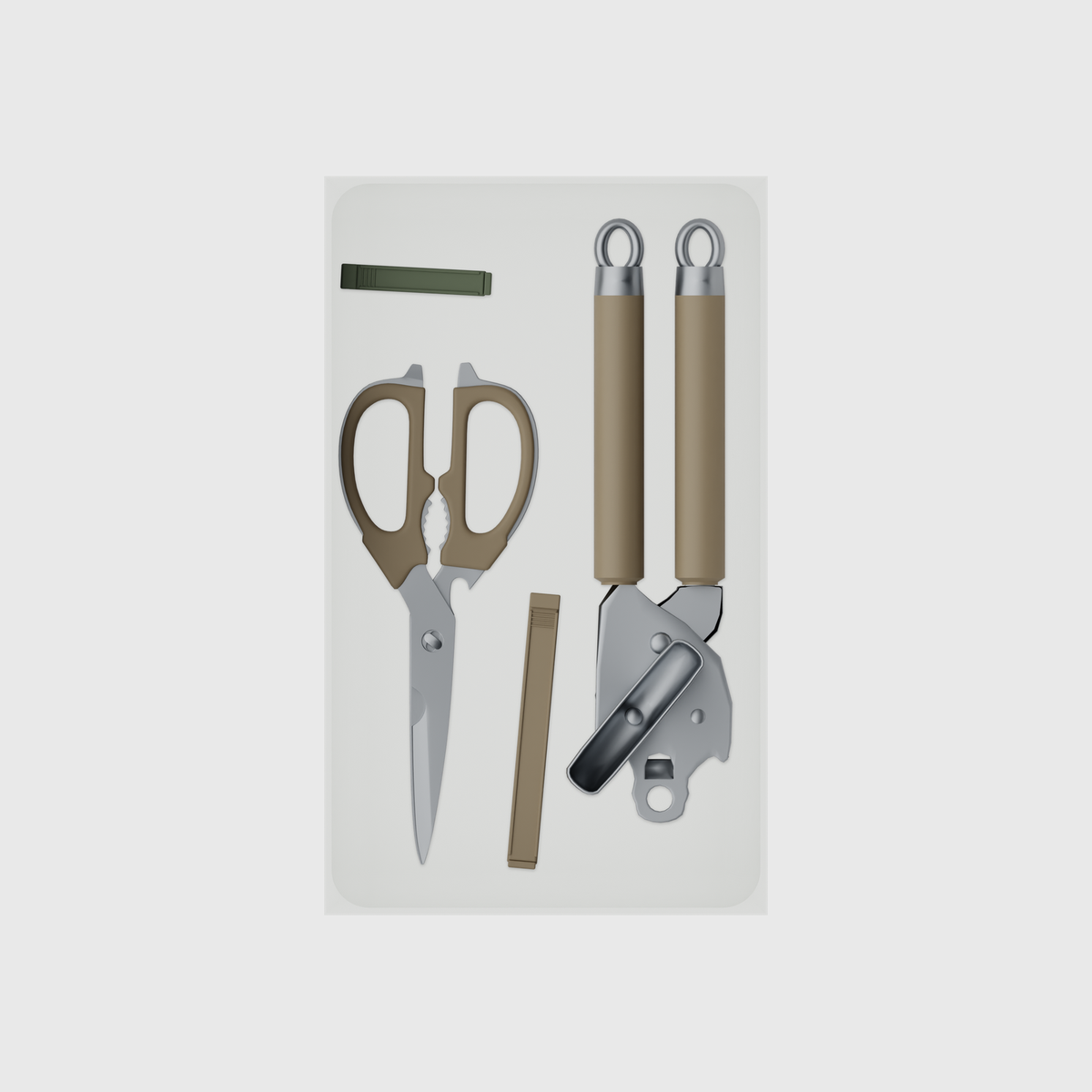 10×6 organiser with kitchen scissors, can opener and clips — CottonWhite
